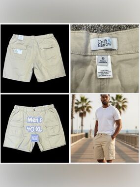 Men's Croft & Barrow 40 XL Chino Khakis Shorts Cargo Khaki Side Elastic NWT